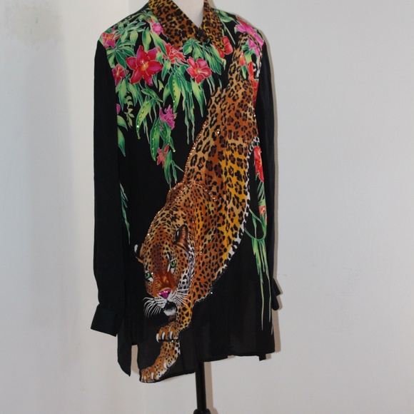 Diane Gilman, Black Shirt with Leopard and Floral Design blouse 100% Silk - Picture 3 of 11